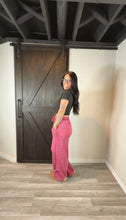 Load image into Gallery viewer, Coral acid wash french terry wide leg in Razz