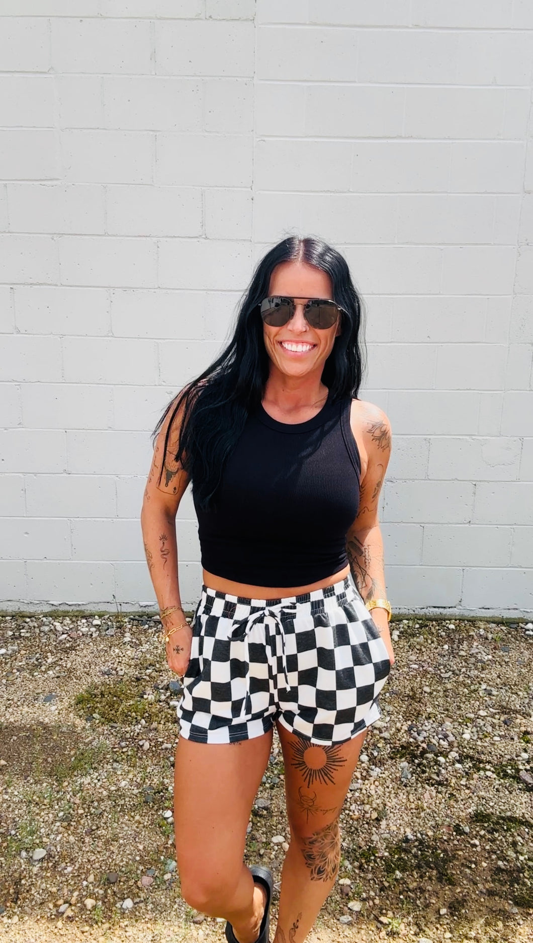 * black and white check shorts