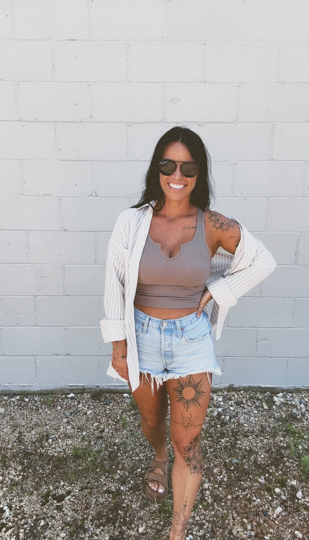 * Essential stripe button up in taupe