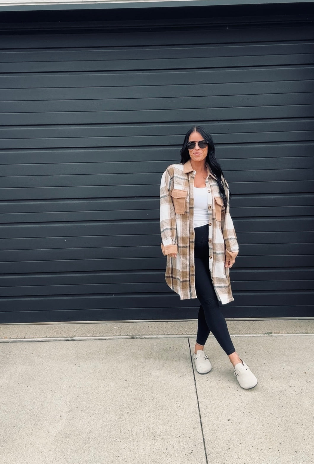 * Plaid flannel long shacket in coffee