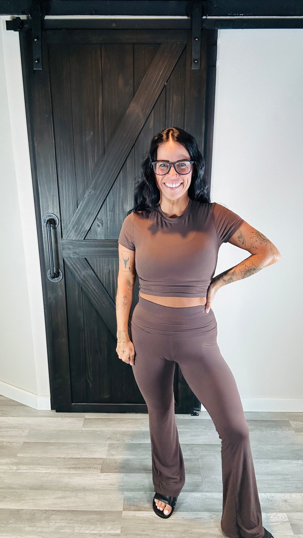 * Buttery foldover flare pants in chocolate.