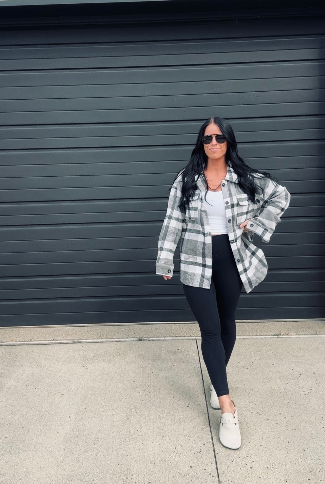 * Plaid flannel shacket in grey & black